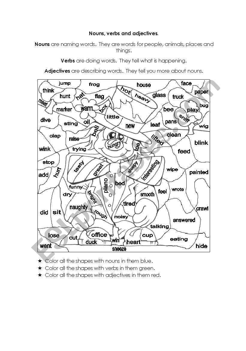 Nouns and Verbs Worksheet Colour by Noun Verb and Adjective 2 Esl Worksheet by