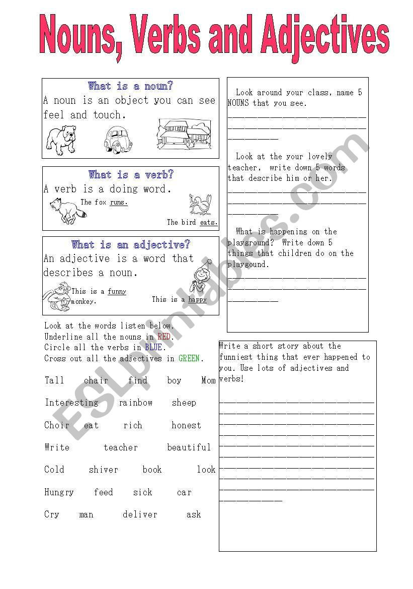 Nouns and Verbs Worksheet Nouns Verbs and Adjectives Esl Worksheet by Eileenism