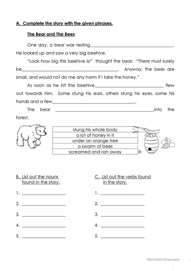 Nouns and Verbs Worksheet Story Noun and Verb English Esl Worksheets for Distance