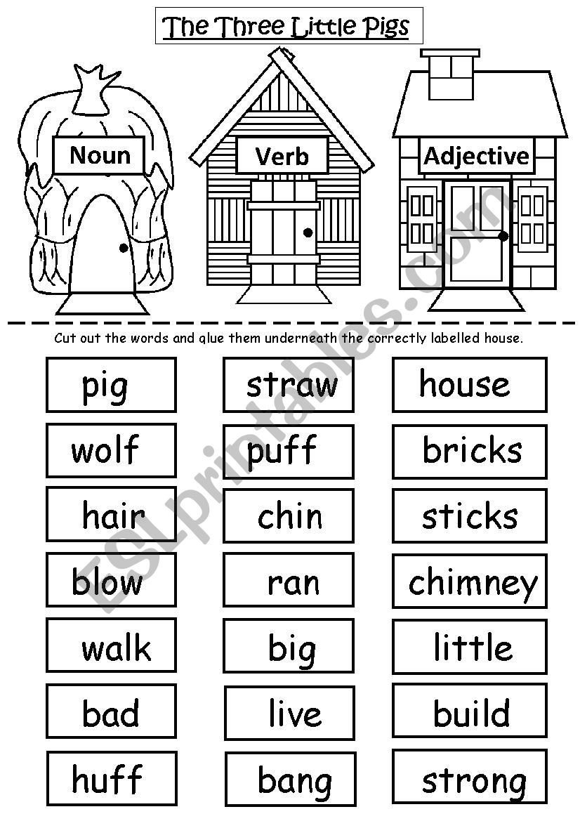 Nouns and Verbs Worksheet the Three Little Pigs Nouns Verbs and Adjectives Esl