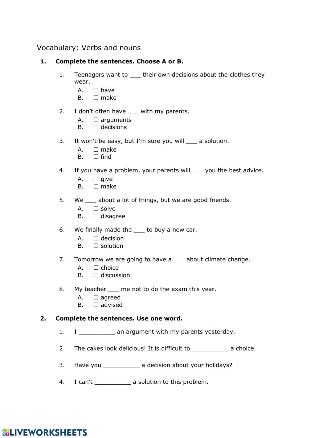 Nouns and Verbs Worksheet Vocabulary Nouns and Verbs Interactive Worksheet