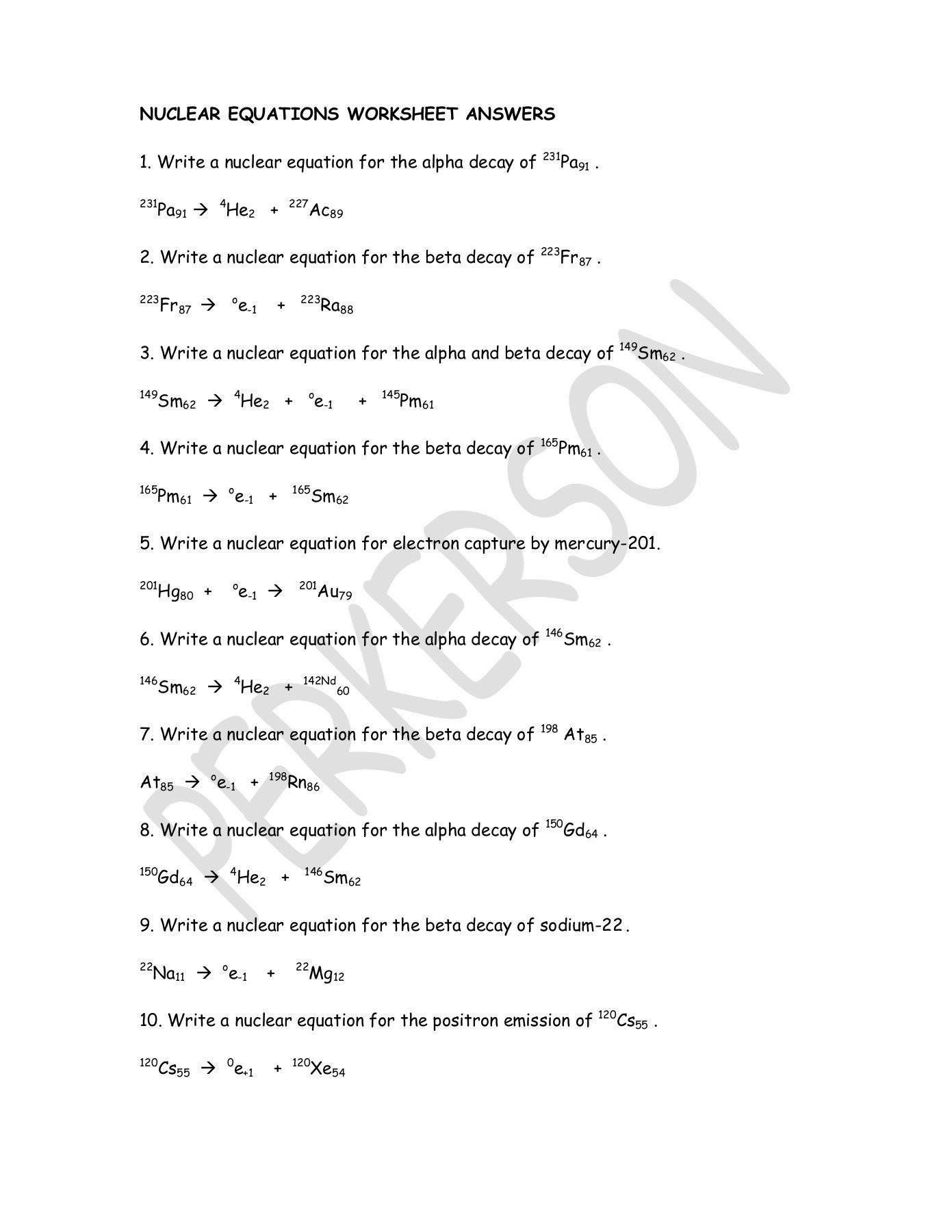 Nuclear Decay Worksheet Answer Key 20 Nuclear Equations Worksheet Answers