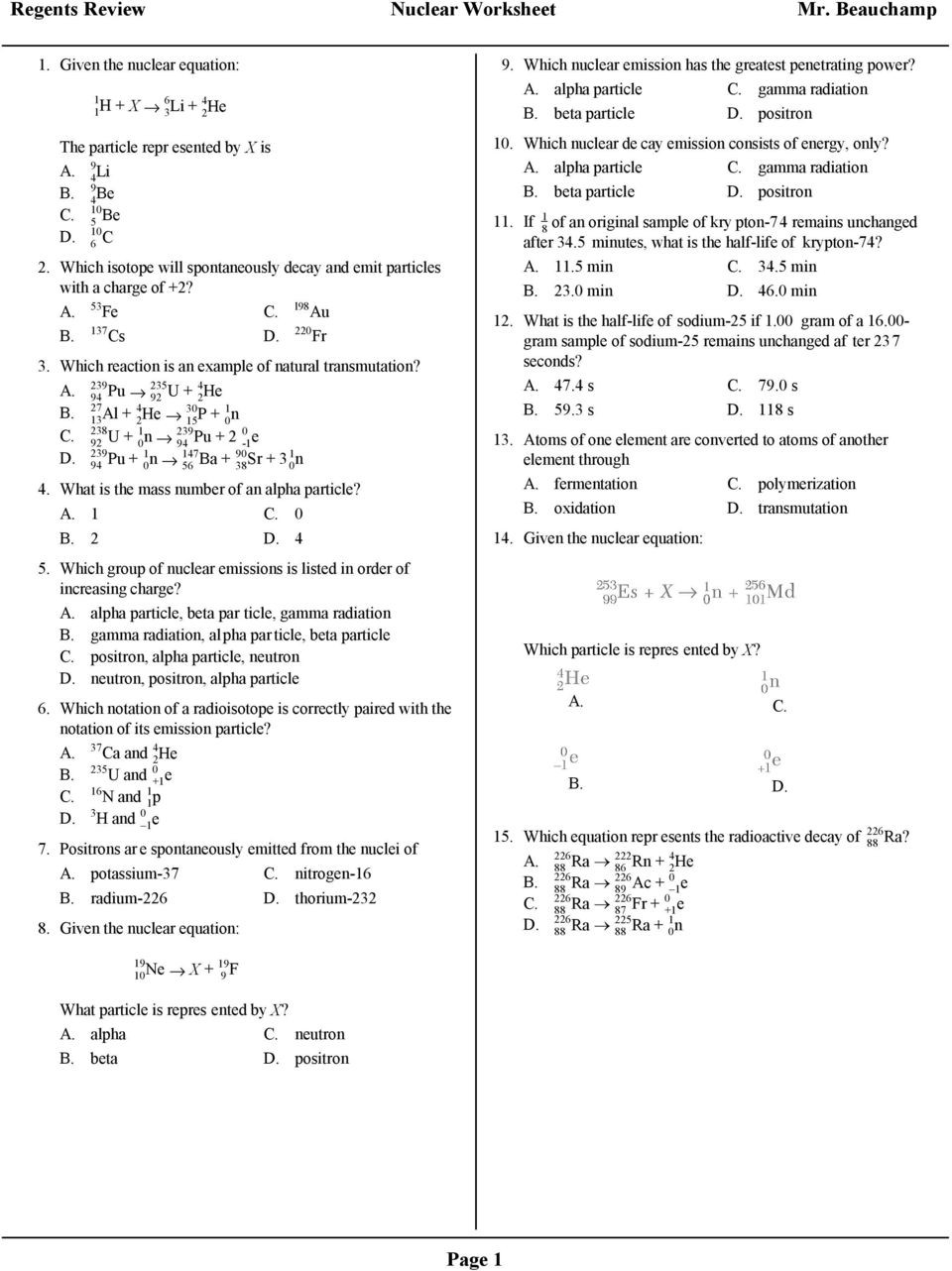 Nuclear Decay Worksheet Answer Key Regents Review Nuclear Worksheet Mr Beauchamp Pdf Free