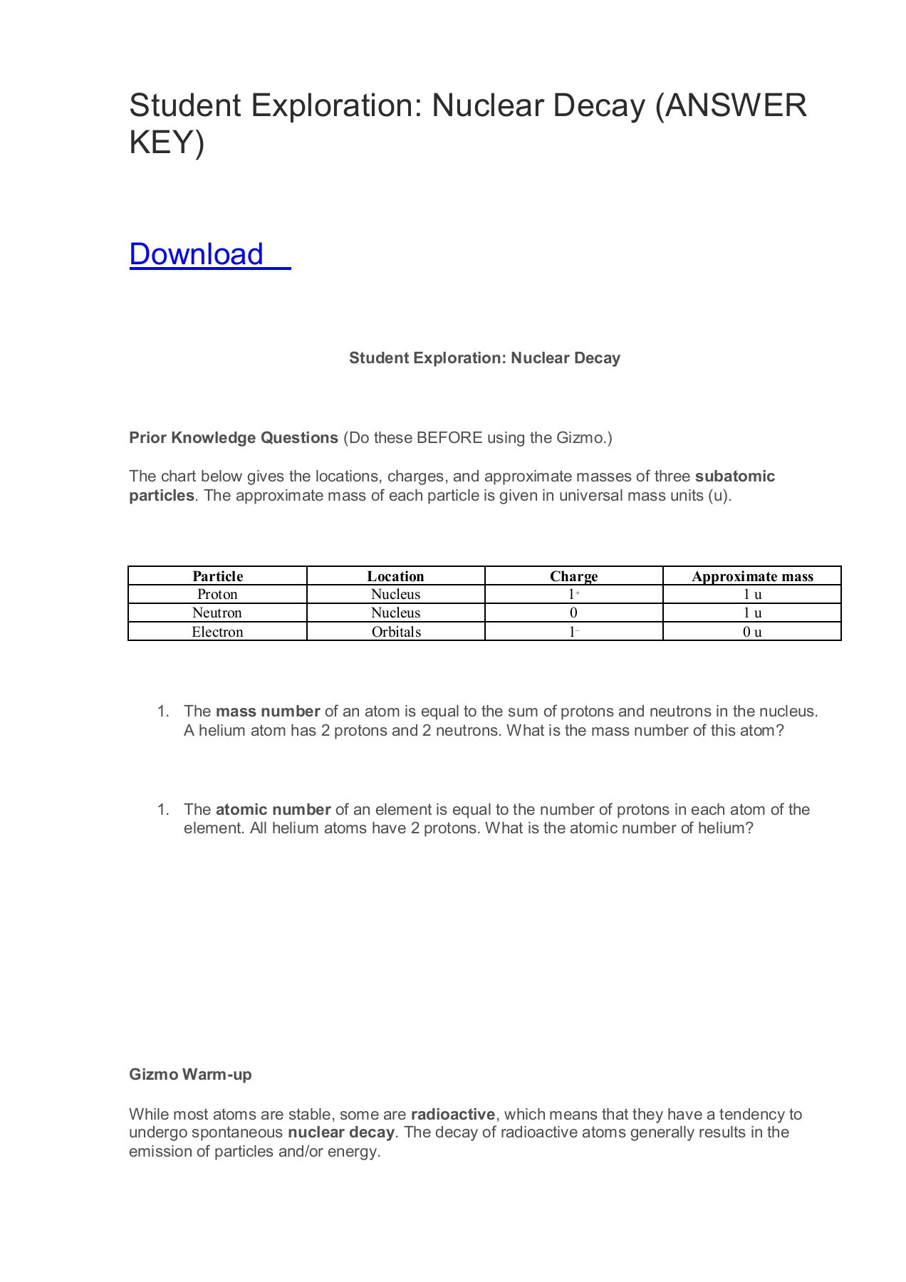 Nuclear Decay Worksheet Answer Key Student Exploration Nuclear Decay Answer Key Pages 1 4
