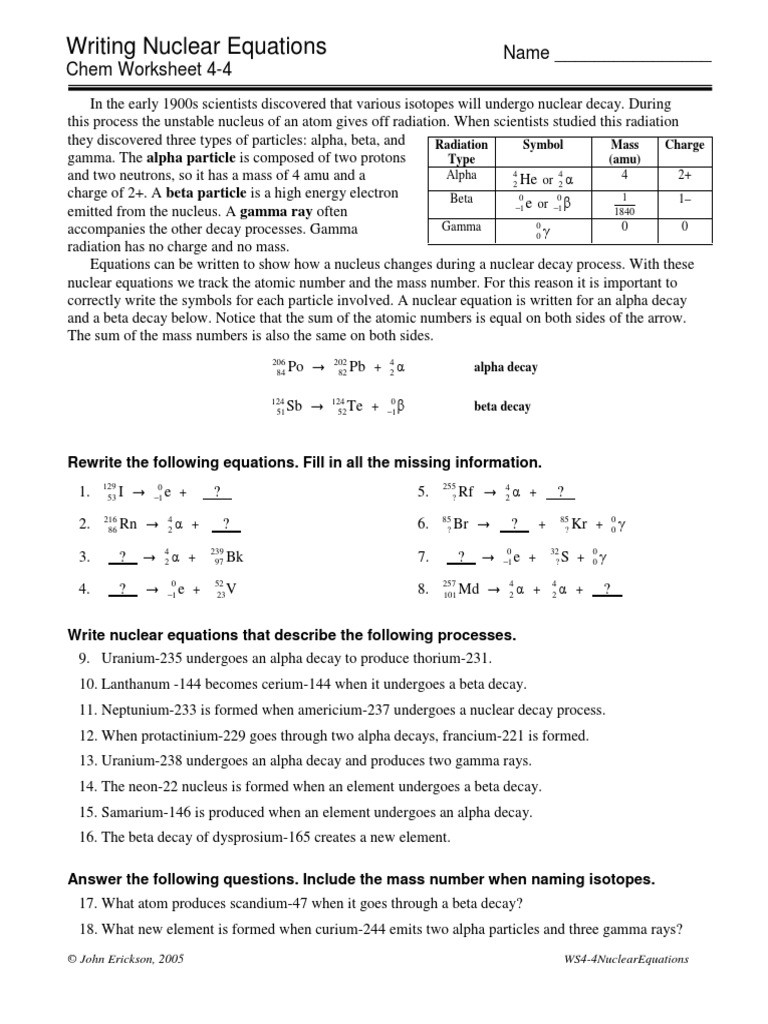 Nuclear Decay Worksheet Answers 4 4nuclearequations Pdf Radioactive Decay