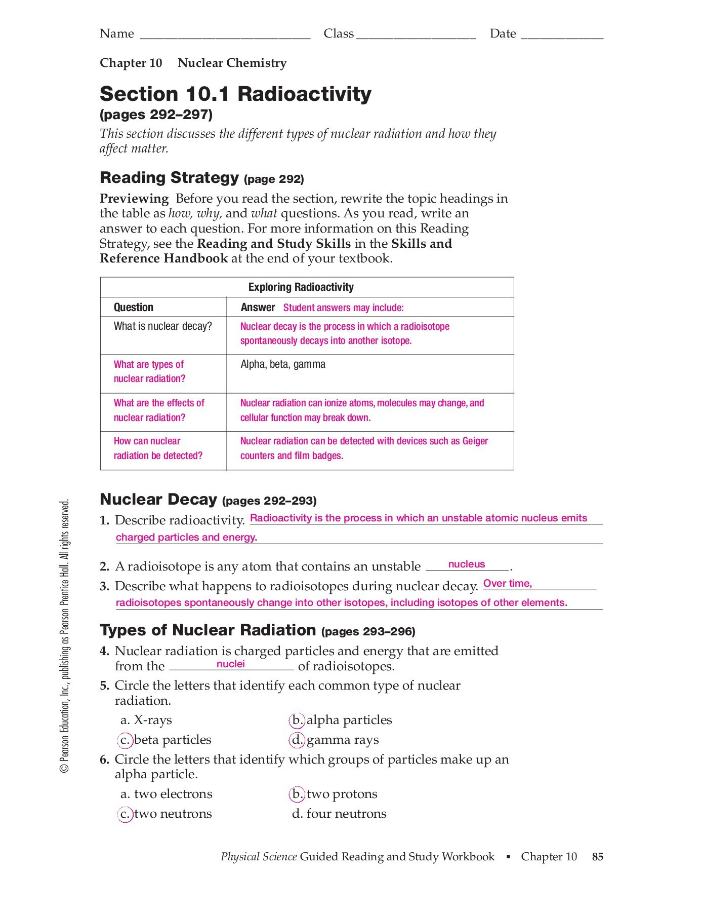 Nuclear Decay Worksheet Answers Key Chapter 10 Nuclear Chemistry Section 10 1 Radioactivity