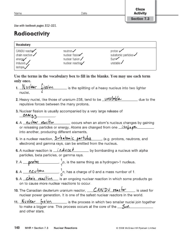 Nuclear Reactions Worksheet Answers 7 3 Workbook Key