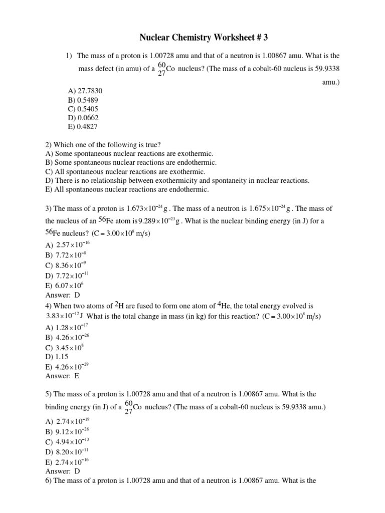 Nuclear Reactions Worksheet Answers Binding Energy Worksheet 3 Nuclear Reaction