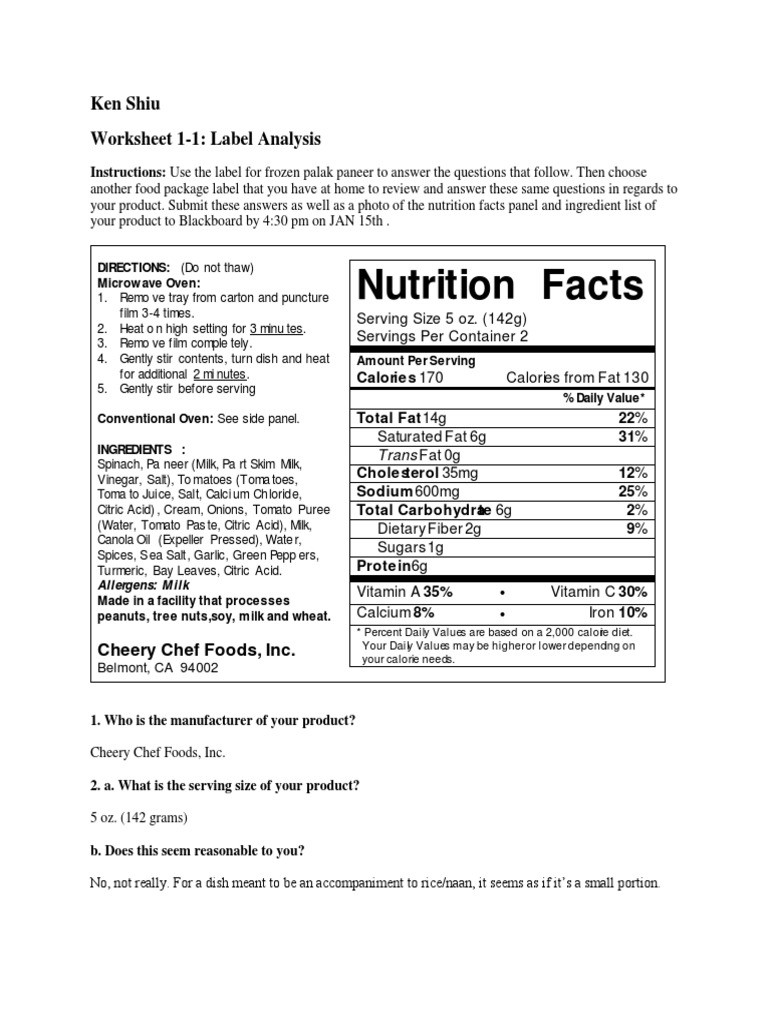 Nutrition Label Worksheet Answers Food Label assignment Nutrition Facts Label