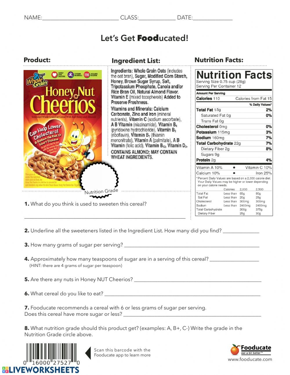 Nutrition Label Worksheet Answers Food Labels Interactive Worksheet