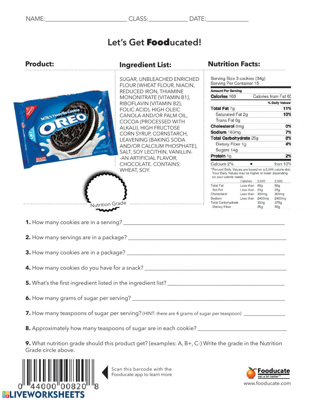 Nutrition Label Worksheet Answers Let S Get Fooducated oreos Interactive Worksheet