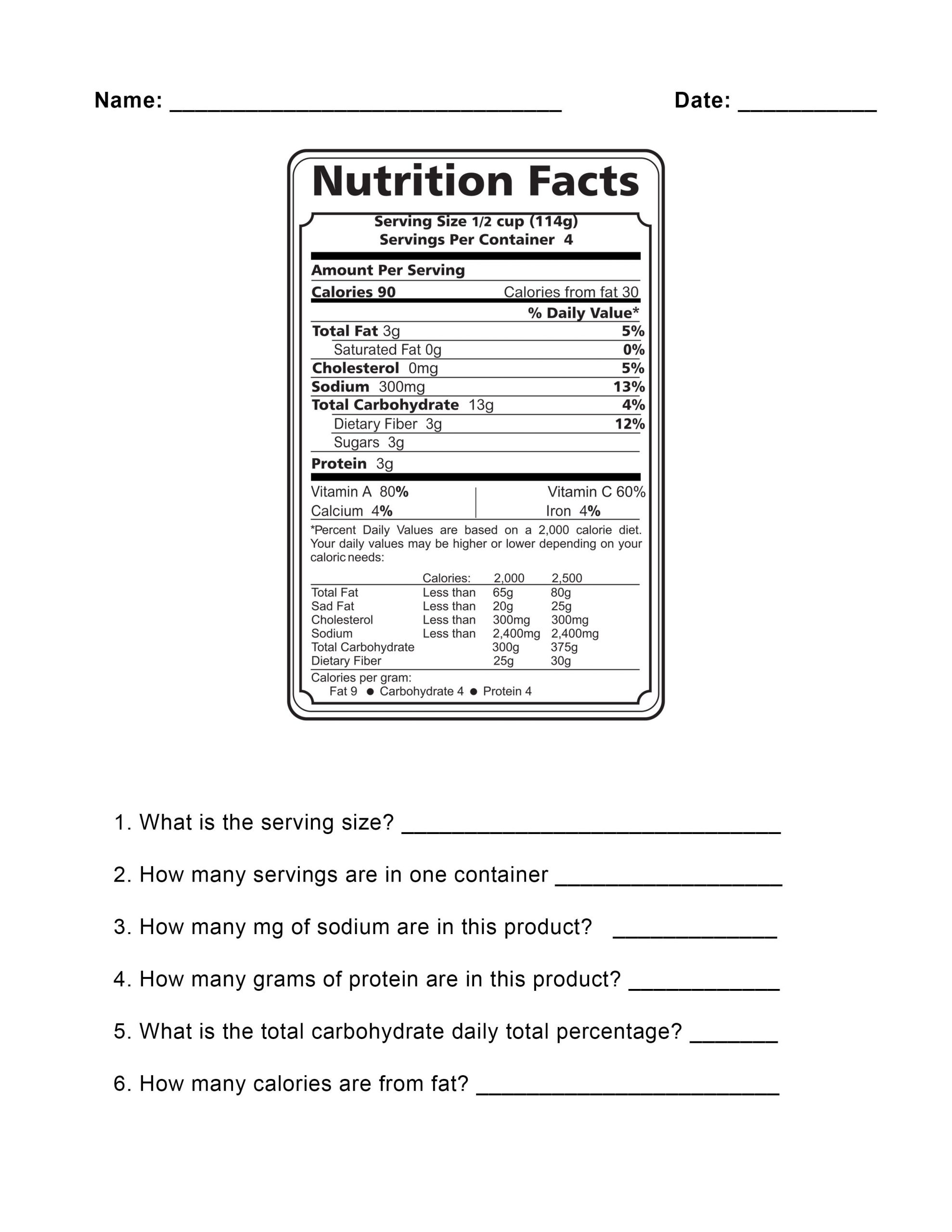 Nutrition Label Worksheet Answers Nutrition Facts Label Worksheet