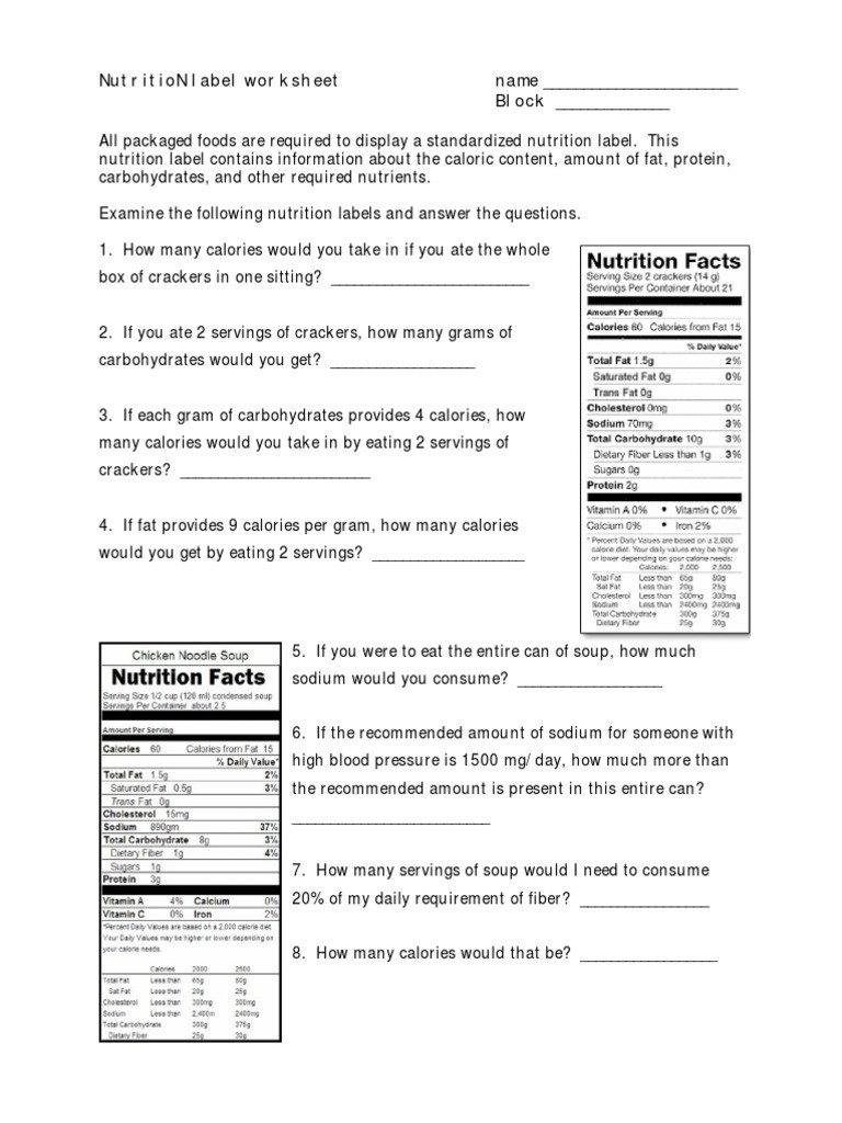 Nutrition Label Worksheet Answers Nutrition Label Worksheet Nutrition Facts Label