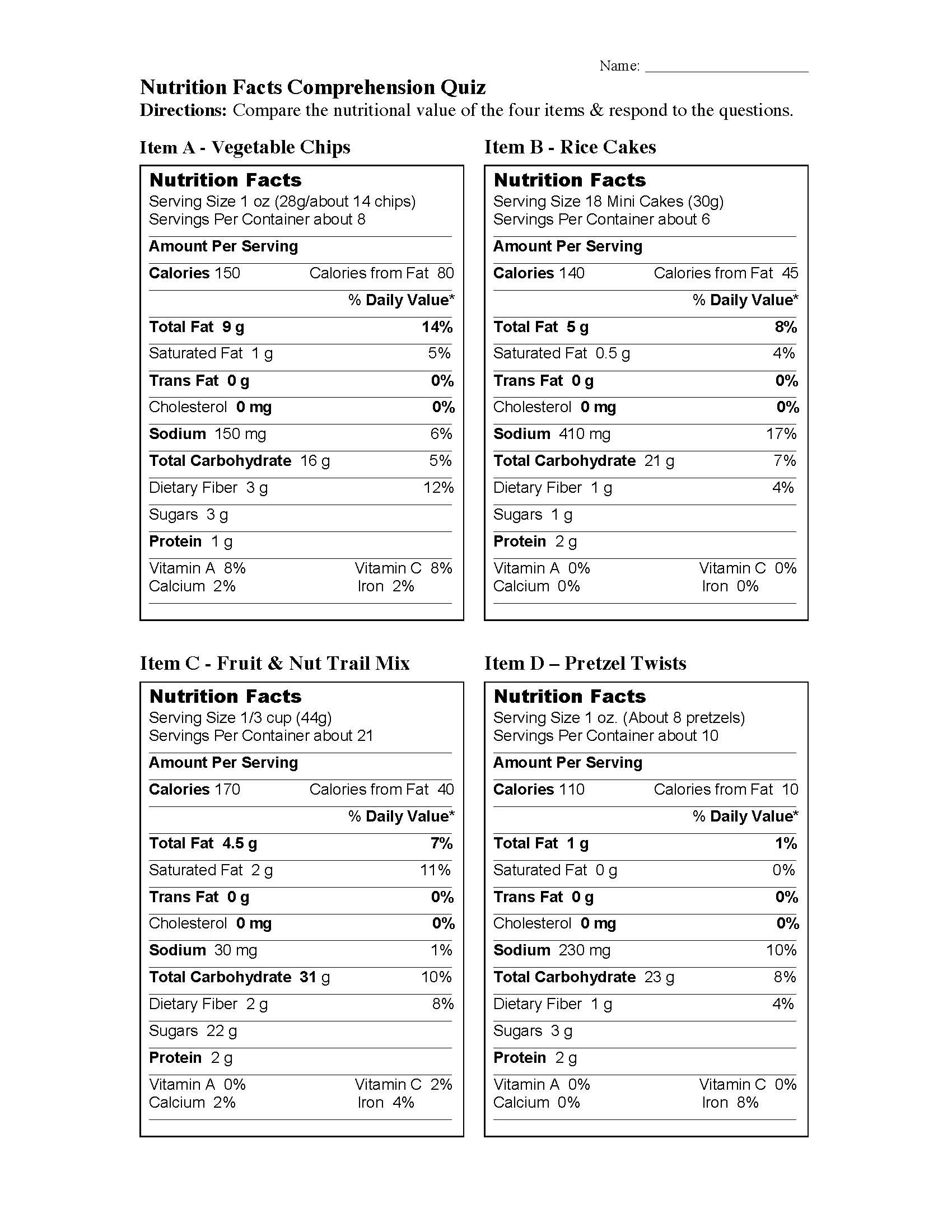 Nutrition Label Worksheet Answers Nutritional Facts Parision