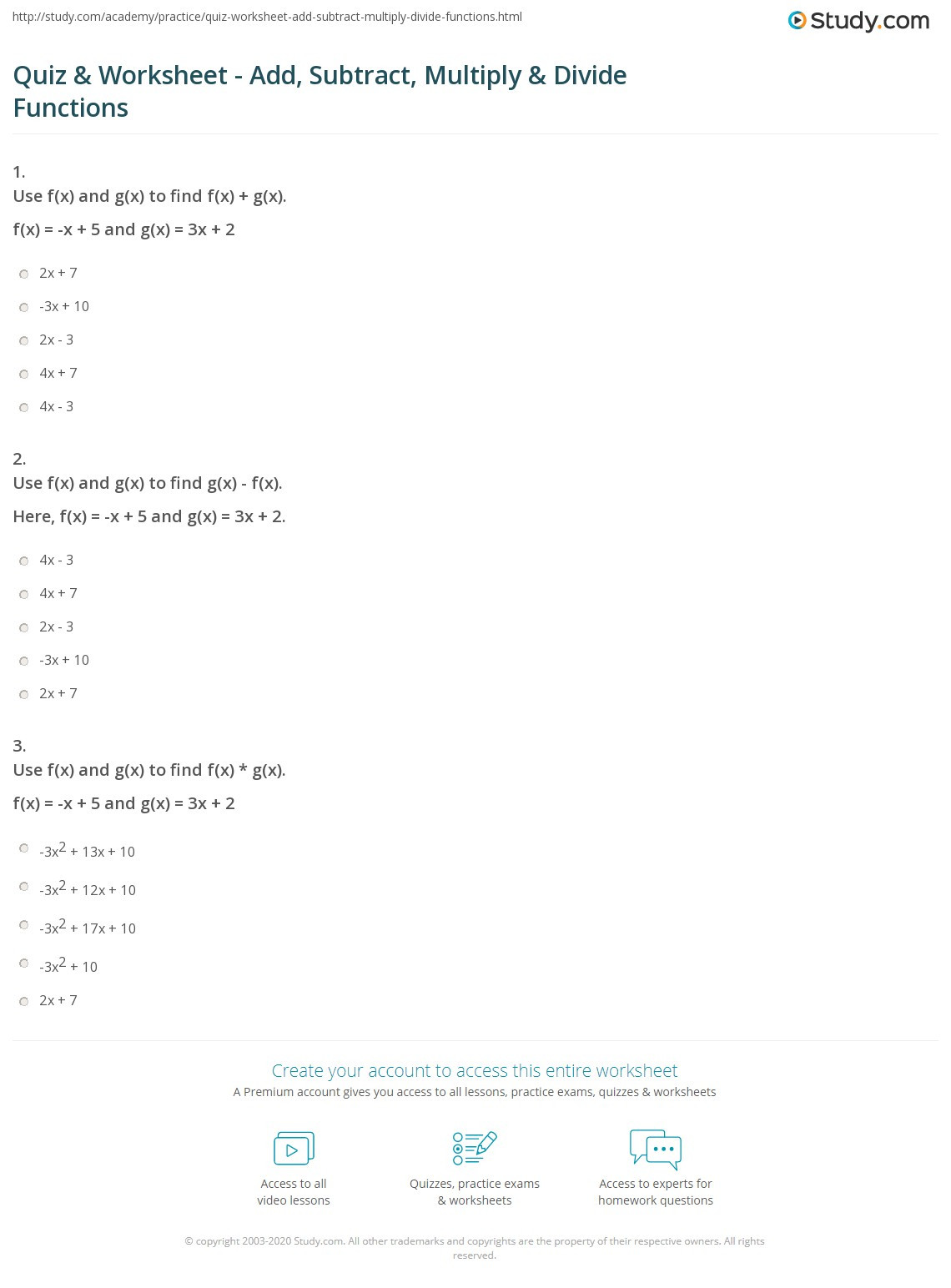 Operations with Functions Worksheet Quiz &amp; Worksheet Add Subtract Multiply &amp; Divide