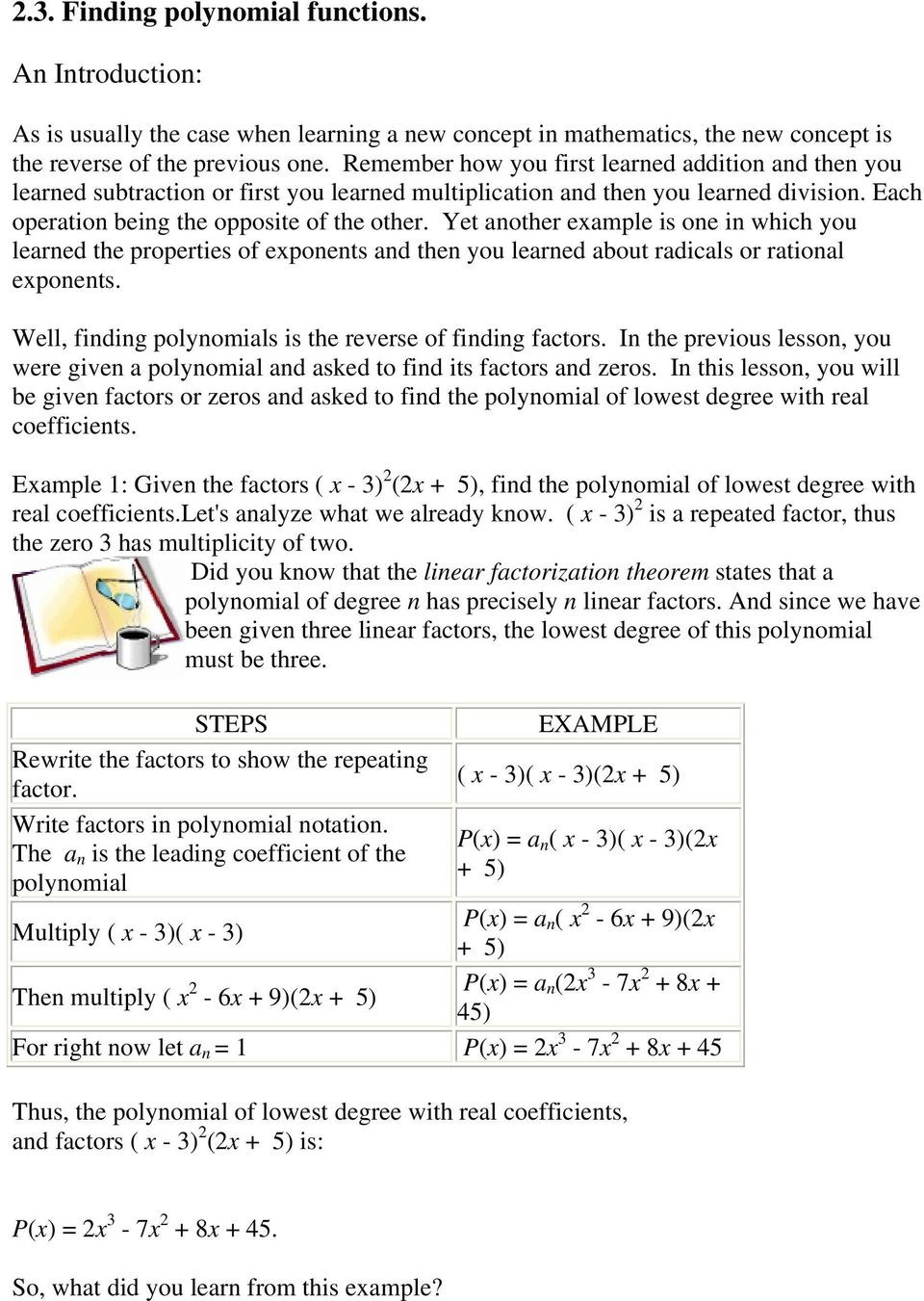 Operations with Polynomials Worksheet 2 3 Finding Polynomial Functions An Introduction Pdf