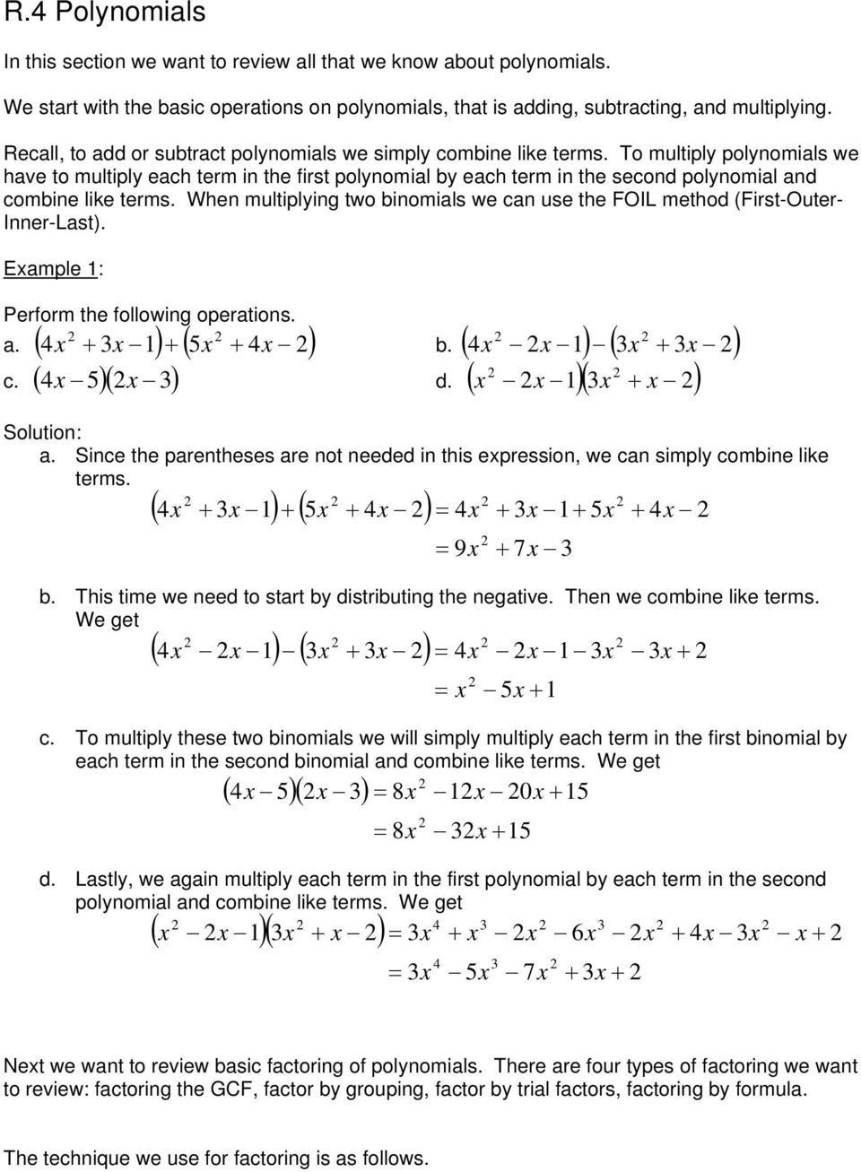 Operations with Polynomials Worksheet Operations with Polynomials Worksheet