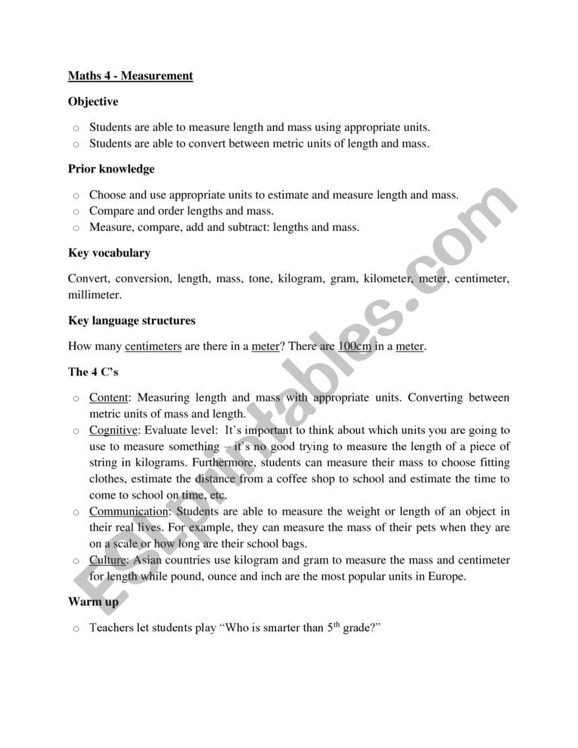Order Of the Mass Worksheet Measurement Esl Worksheet by Tnhan1803