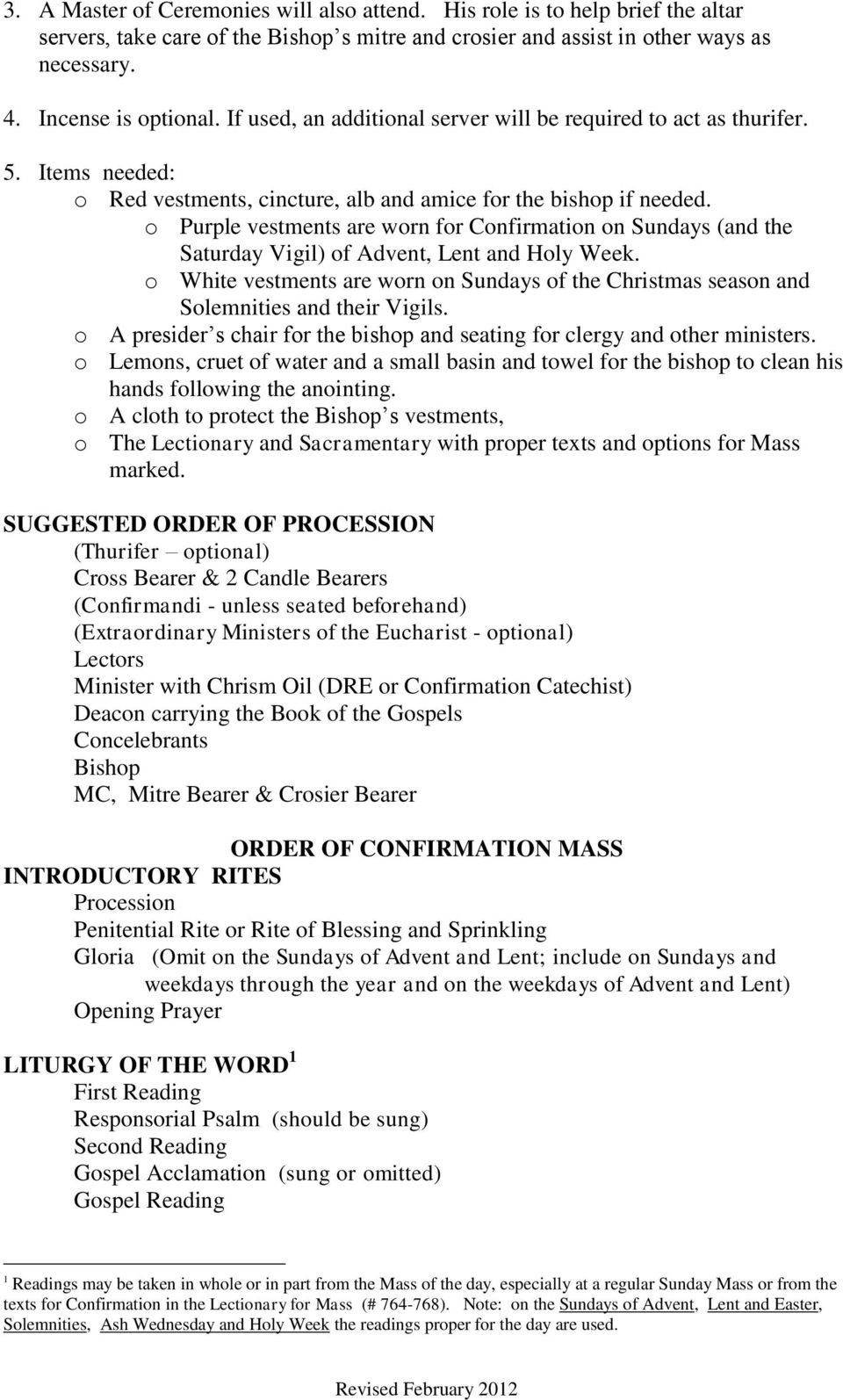Order Of the Mass Worksheet the Confirmation Liturgy 1 Overview 2 Practical Matters 3