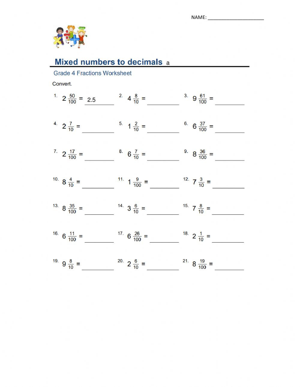 Ordering Fractions and Decimals Worksheet Mixed Numbers to Decimals Interactive Worksheet