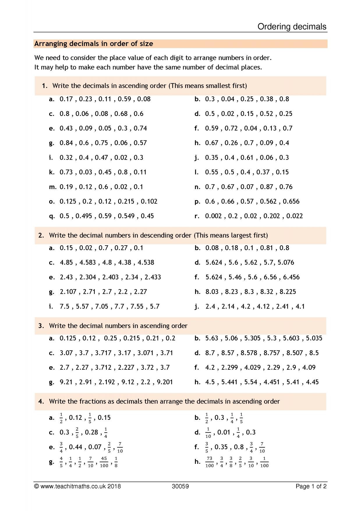 Ordering Fractions and Decimals Worksheet ordering Fractions and Decimals