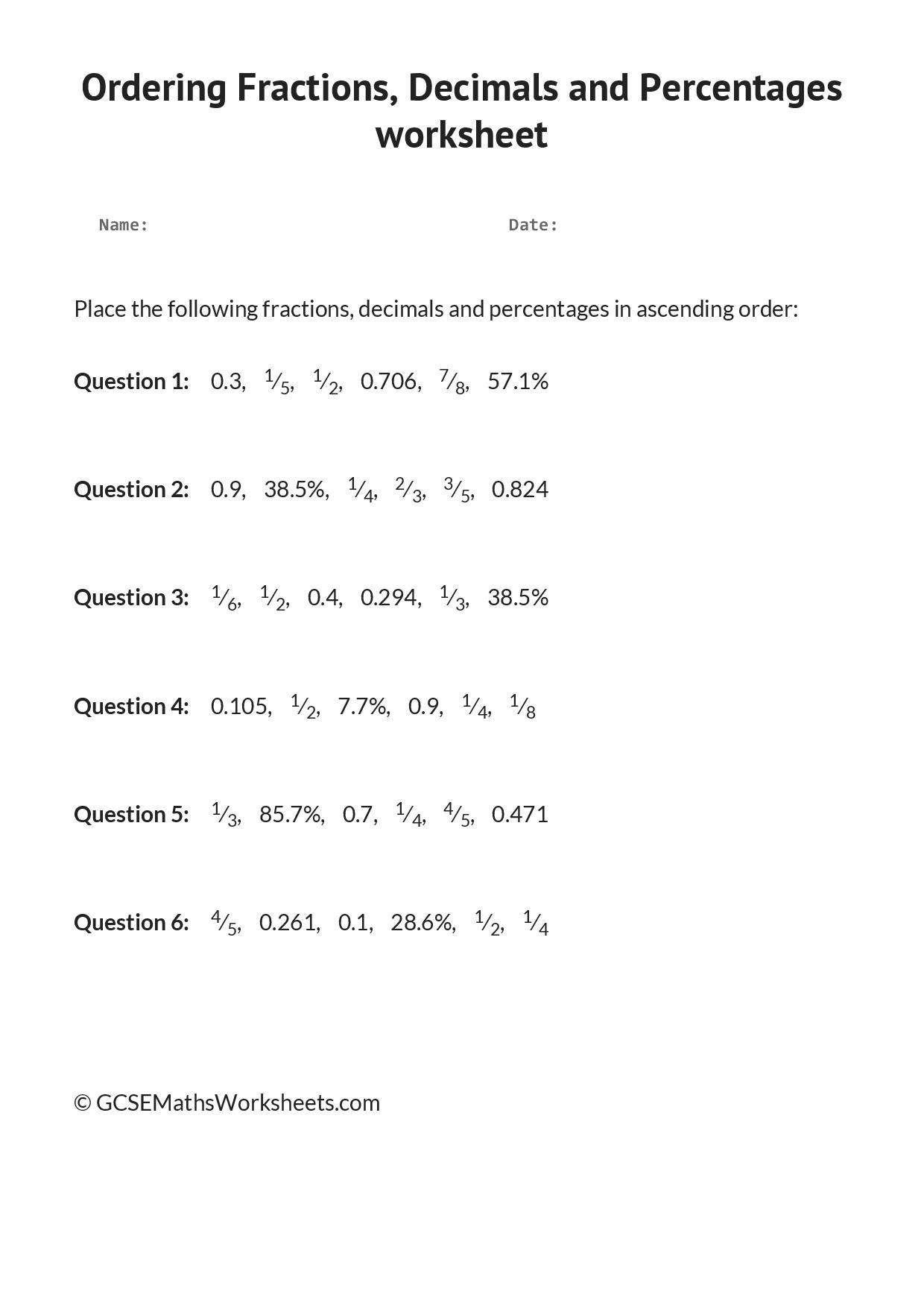 Ordering Fractions and Decimals Worksheet ordering Fractions Decimals and Percentages Worksheet