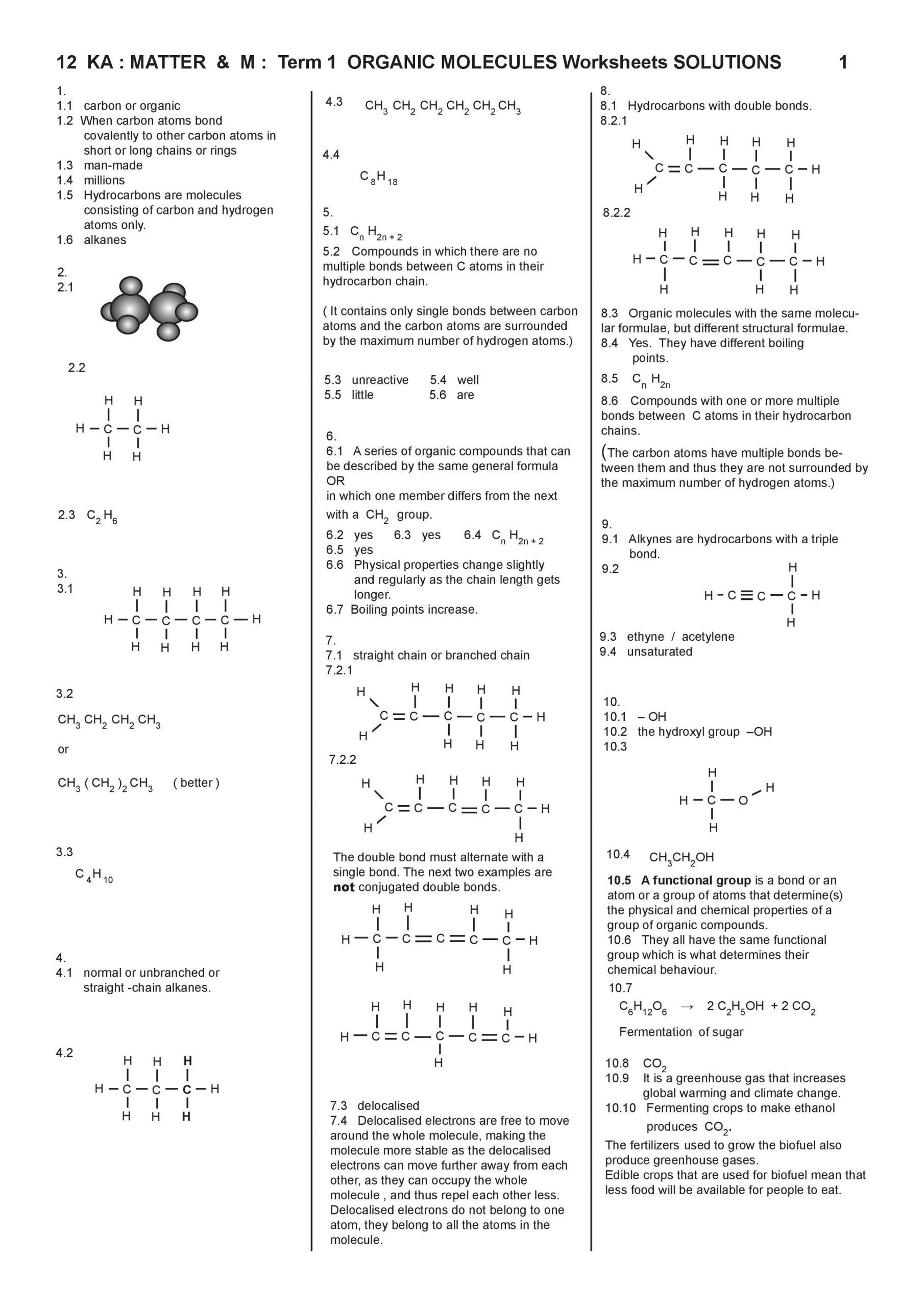 Organic Chemistry Worksheet with Answers Grade 12 organic Chemistry Notes