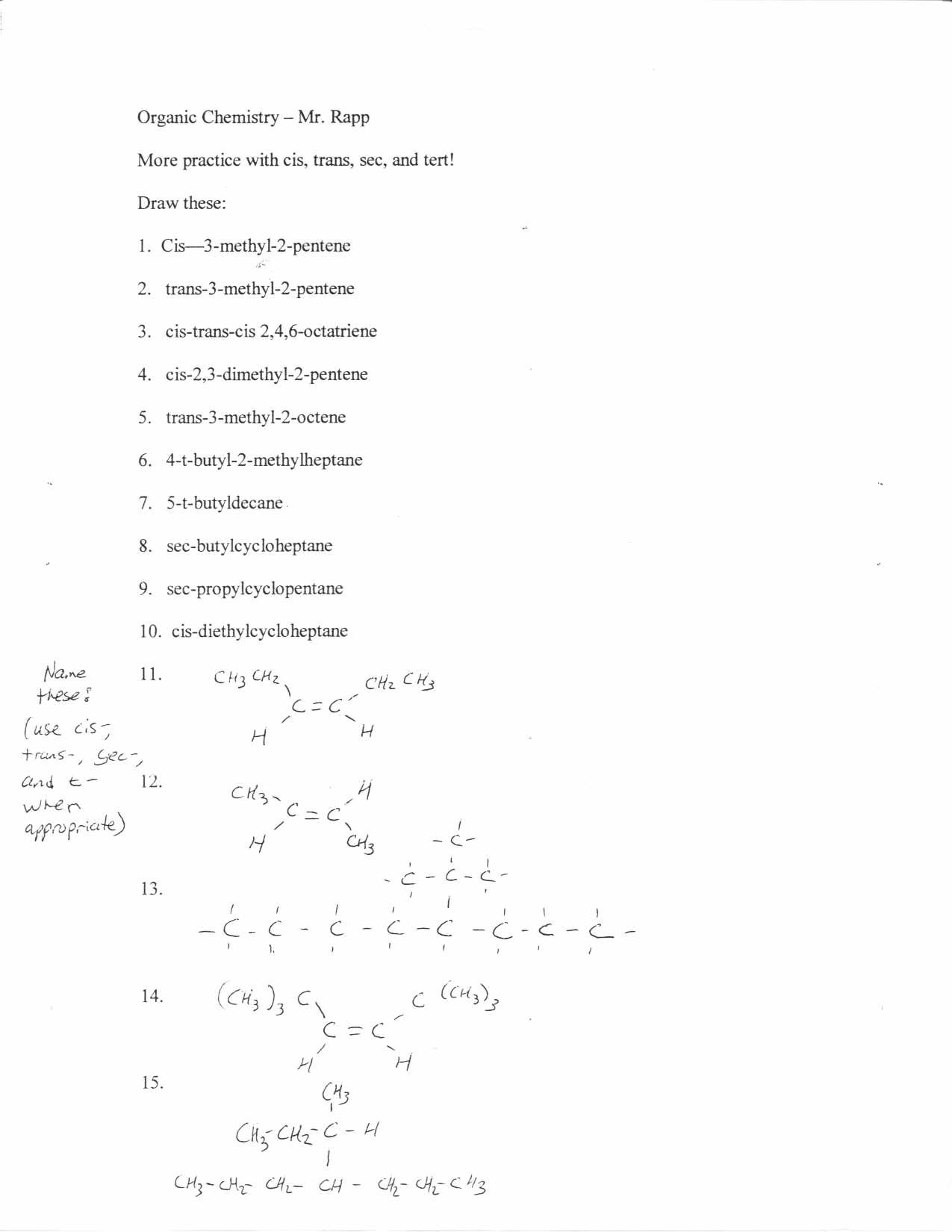 Organic Chemistry Worksheet with Answers organic Chemistry