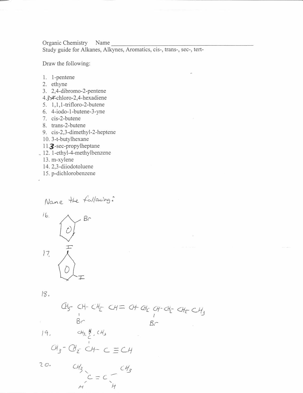 Organic Chemistry Worksheet with Answers organic Chemistry