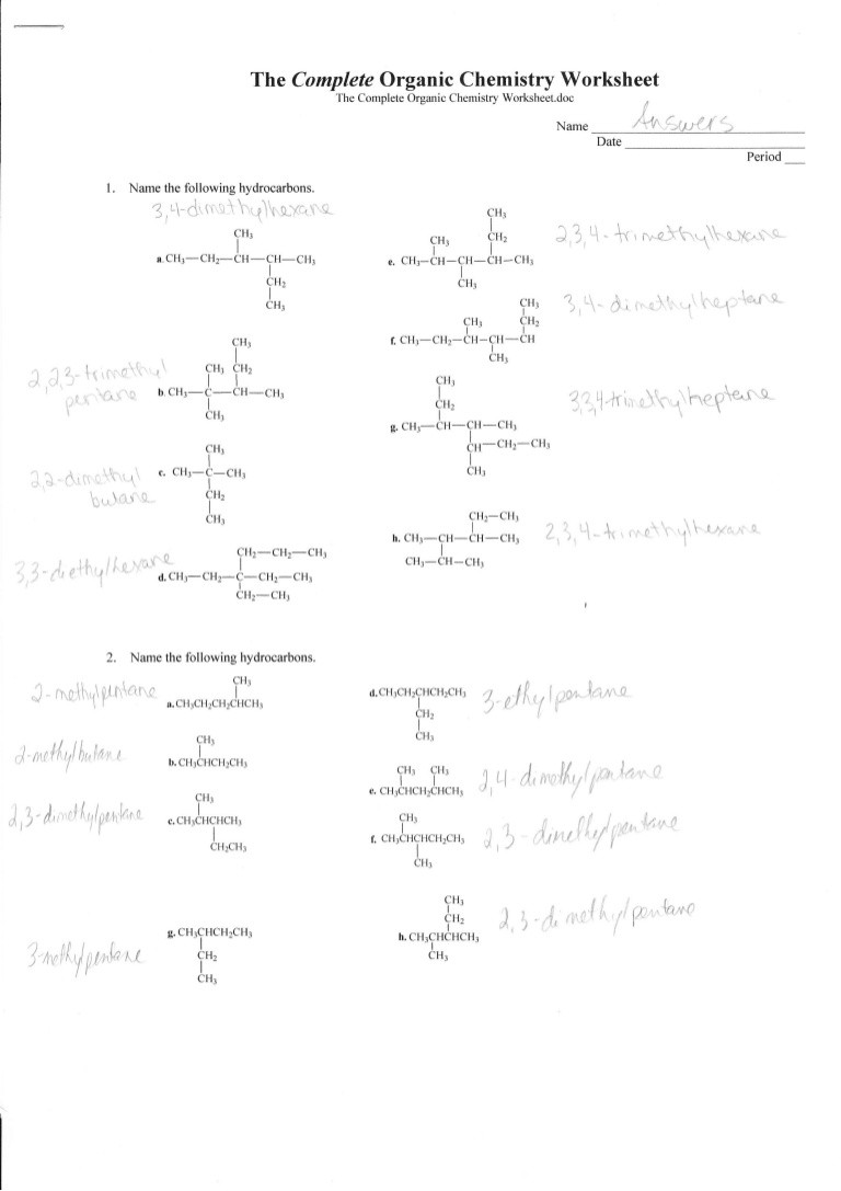 Organic Chemistry Worksheet with Answers Plete organic Chemistry Worksheet Answers