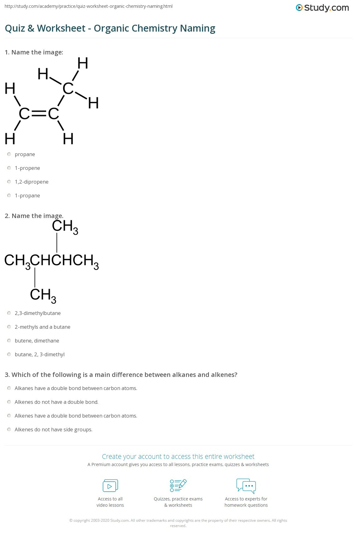 Organic Chemistry Worksheet with Answers Quiz &amp; Worksheet organic Chemistry Naming