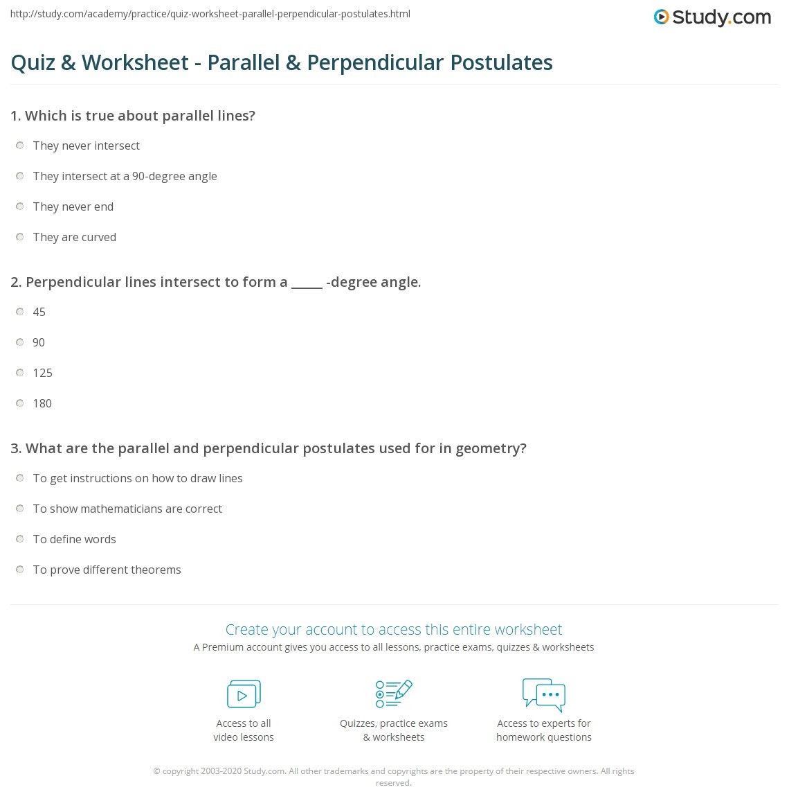 Parallel and Perpendicular Lines Worksheet Quiz &amp; Worksheet Parallel &amp; Perpendicular Postulates