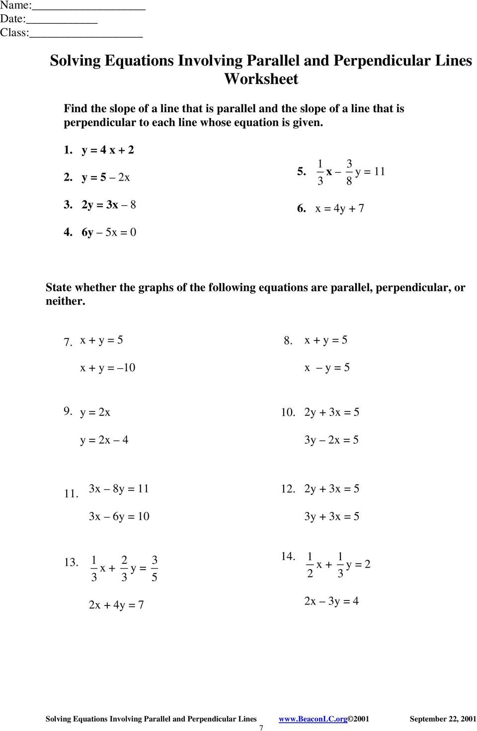 Parallel and Perpendicular Lines Worksheet solving Equations Involving Parallel and Perpendicular Lines
