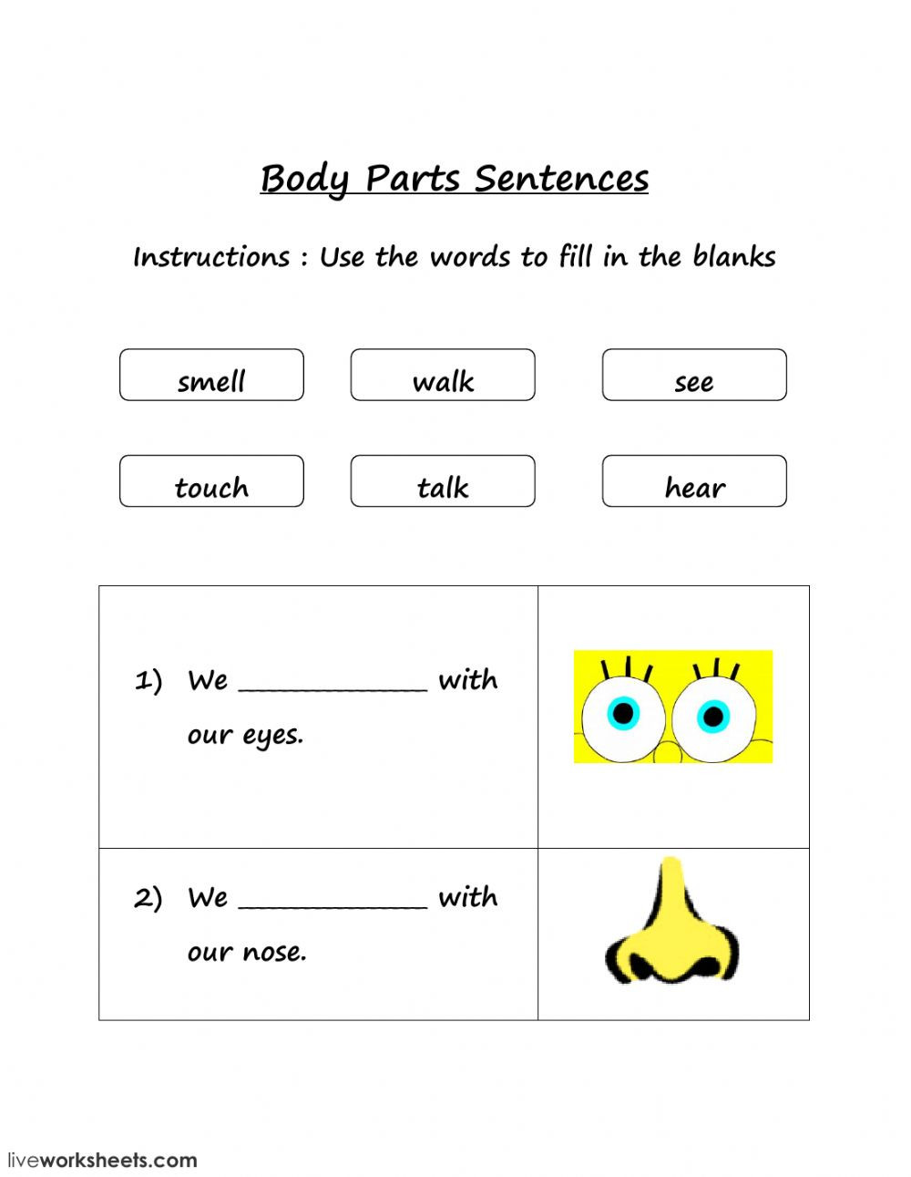 Parts Of A Sentence Worksheet Body Parts Sentences Interactive Worksheet