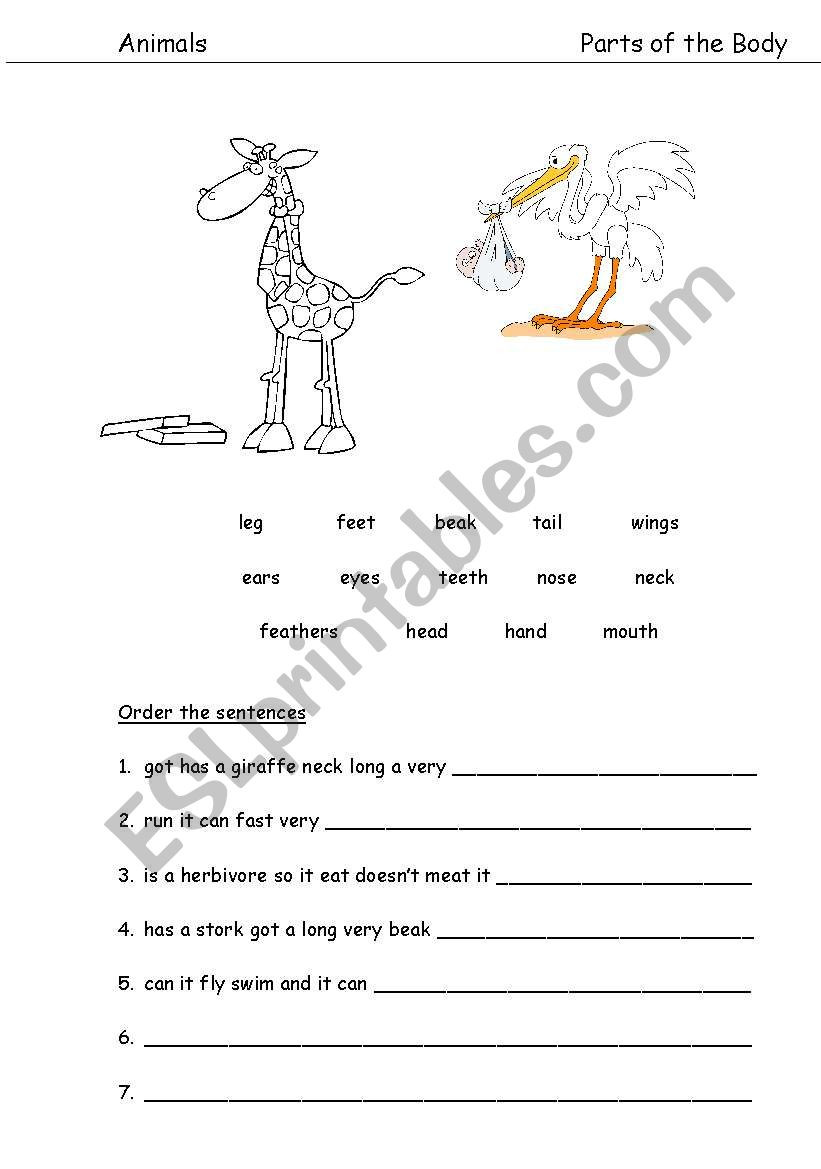 Parts Of A Sentence Worksheet English Worksheets Animals Parts Of the Body and Sentence