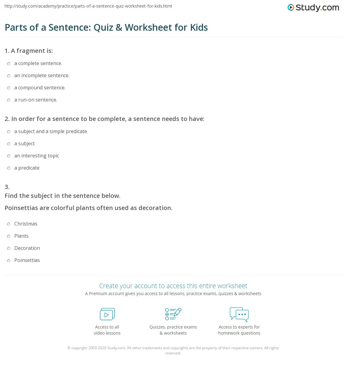 Parts Of A Sentence Worksheet Parts Of A Sentence Quiz &amp; Worksheet for Kids