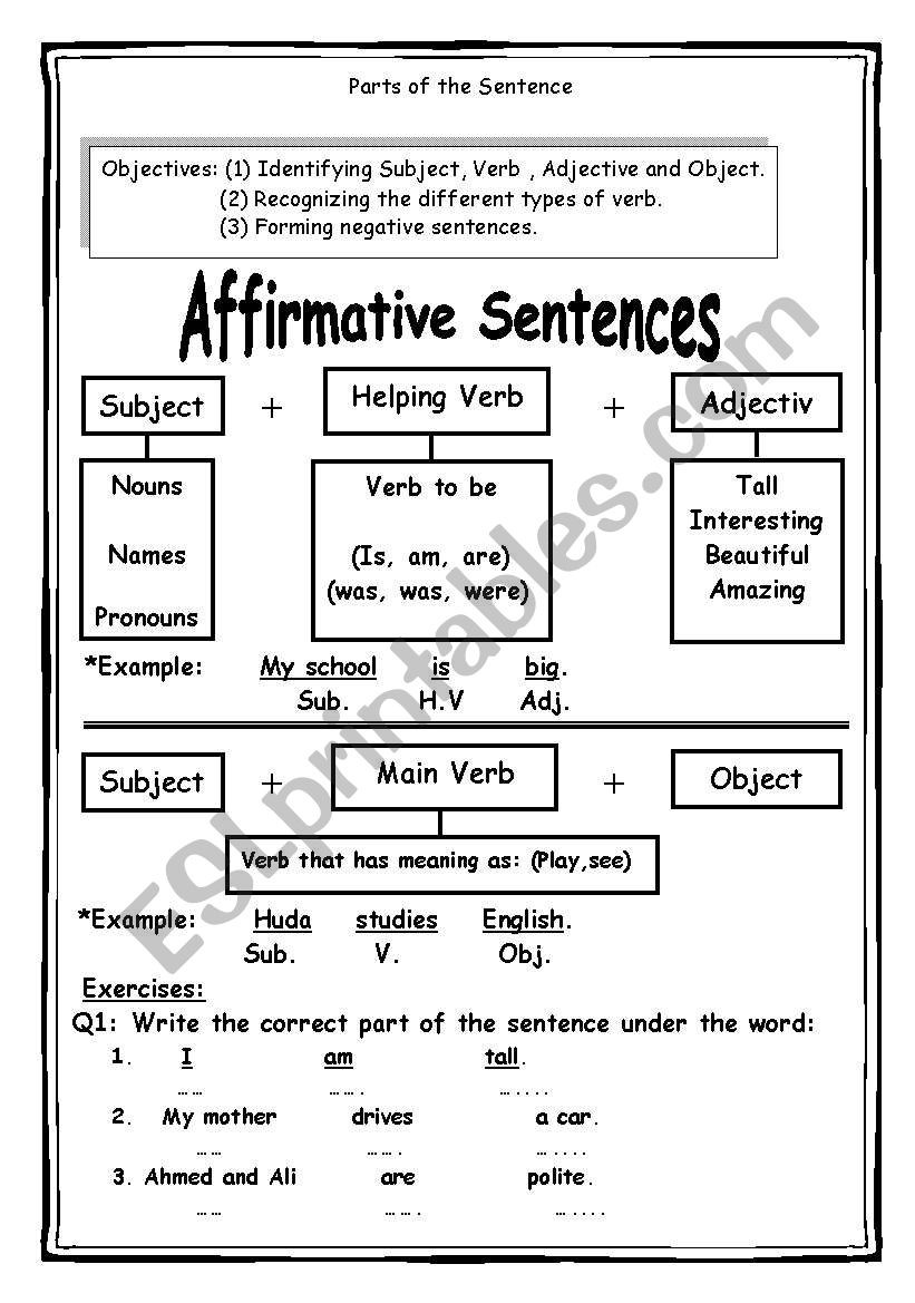 Parts Of A Sentence Worksheet Parts Of the Sentence Esl Worksheet by Muhamed