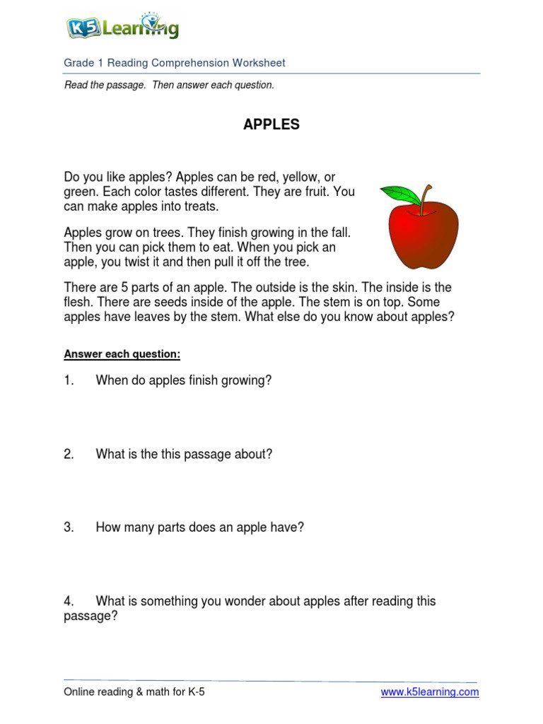 Parts Of An Apple Worksheet 1st Grade 1 Reading Apples Pdf