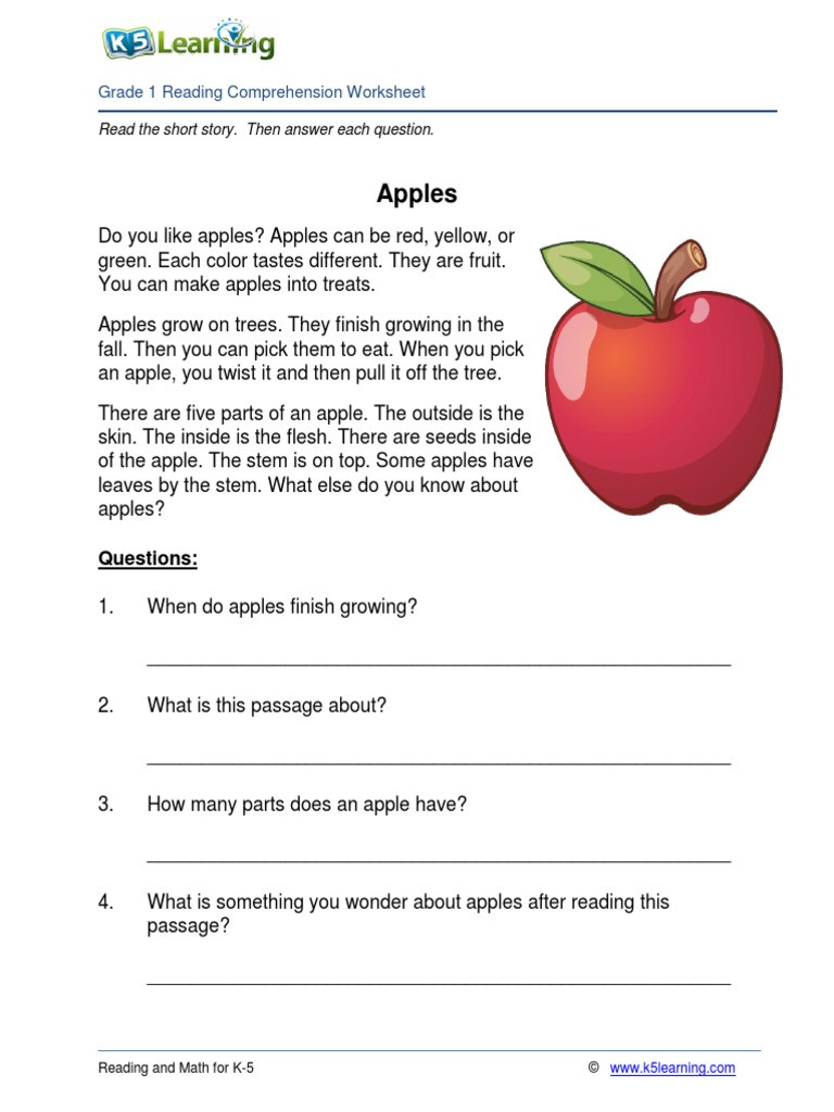 Parts Of An Apple Worksheet Apples Grade 1 Reading Prehension Worksheet