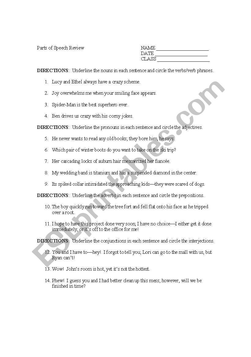 Parts Of Speech Review Worksheet English Worksheets Parts Of Speech Review