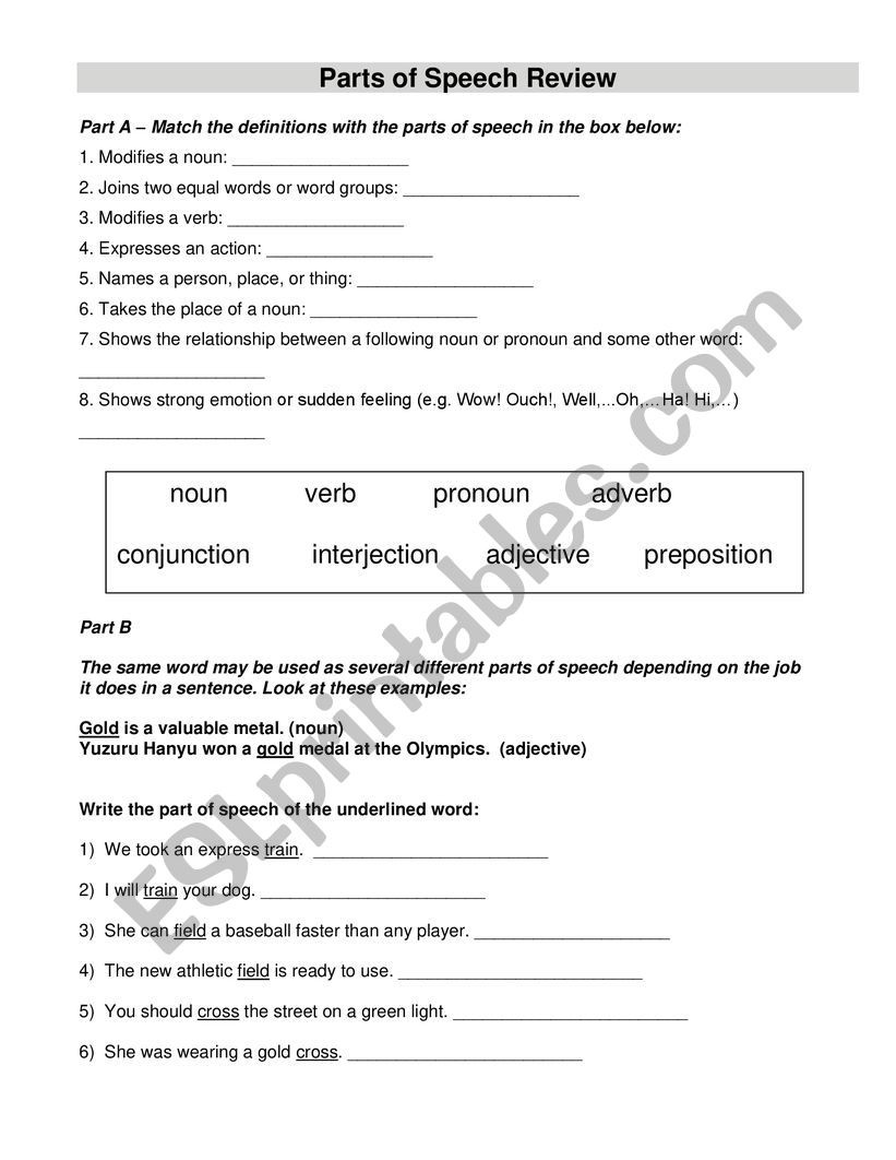 Parts Of Speech Review Worksheet Parts Of Speech Review Esl Worksheet by Howdy