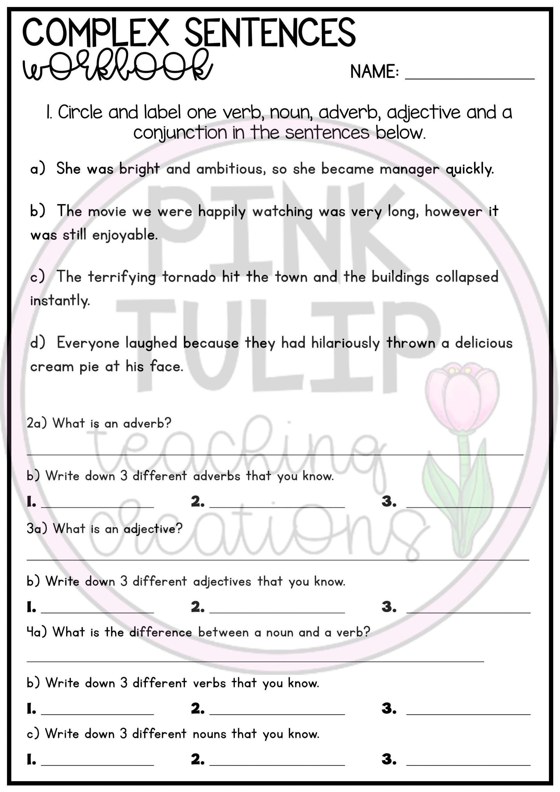 Parts Of Speech Review Worksheet Plex Sentence Workbook Grammar and Parts Of Speech