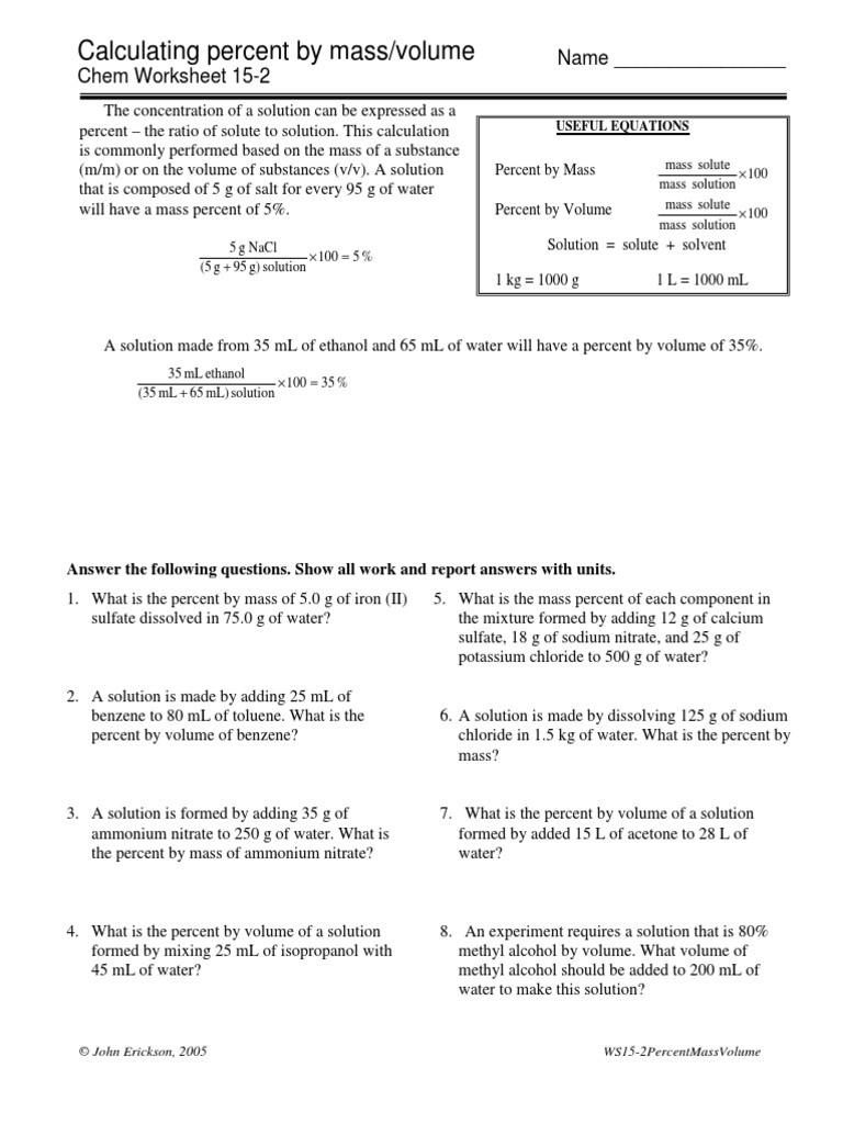 Percent Composition Worksheet Answers Calculating Percent by Mass Volume Chem Worksheet 15 2