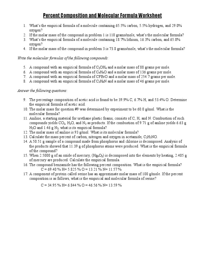 Percent Composition Worksheet Answers Percent Position and Molecular formula Worksheet