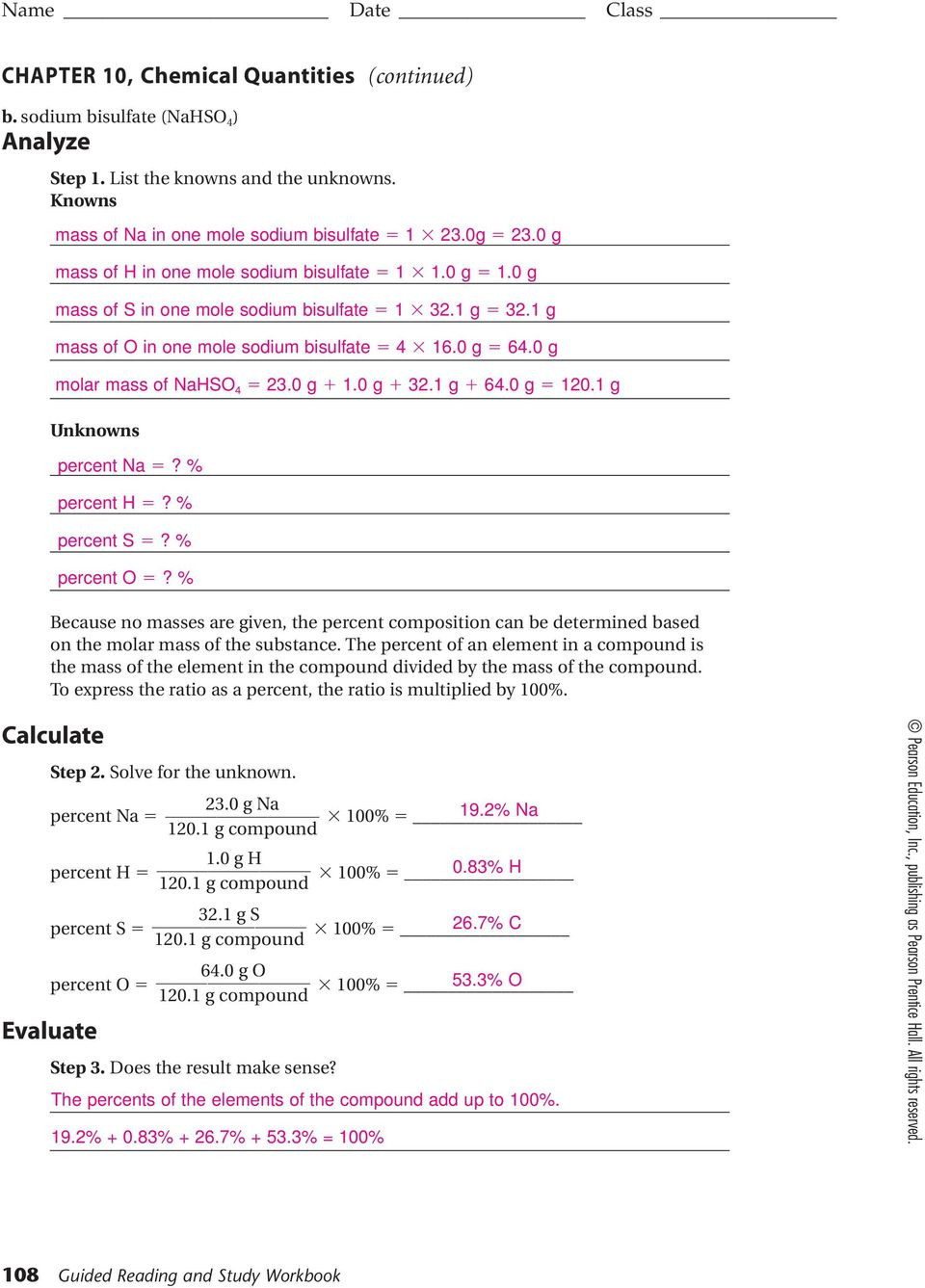 Percent Composition Worksheet Answers Section 103 Percent Position and Chemical formulas