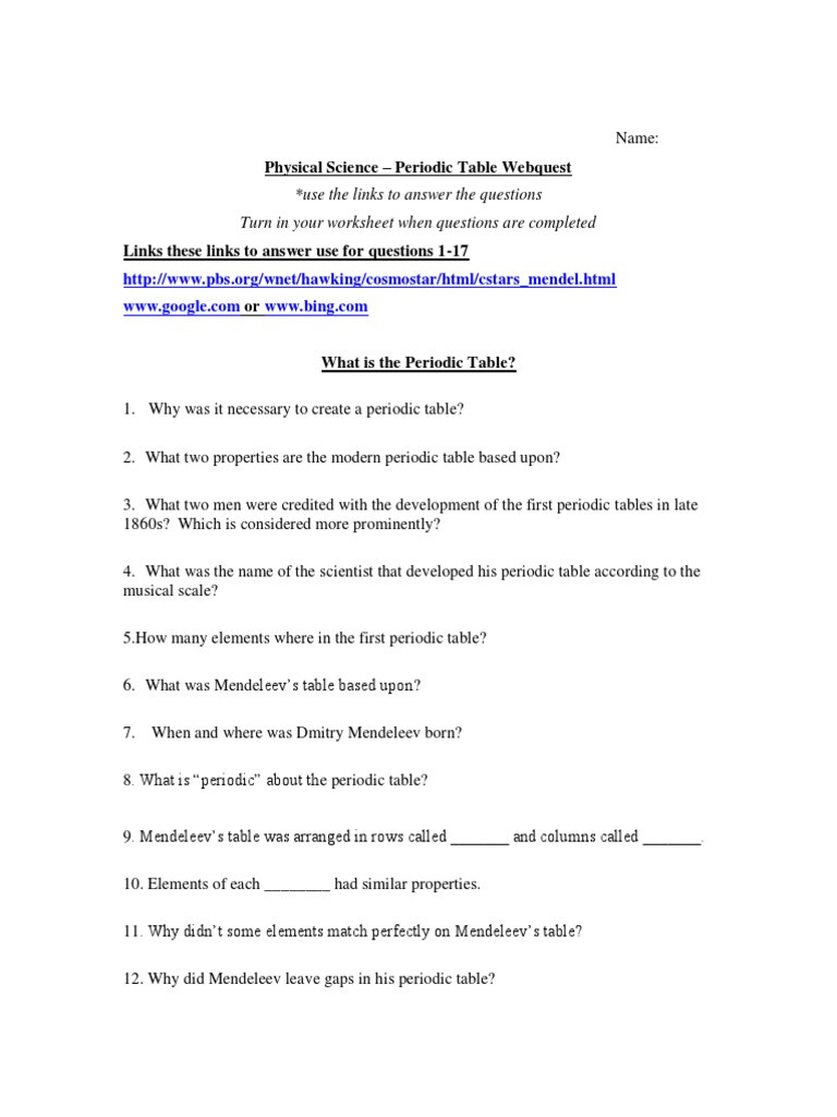 Periodic Table Puzzle Worksheet Answers Periodic Table Webquest Periodic Table