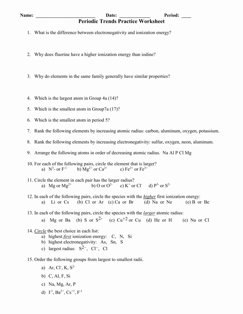 Periodic Trends Worksheet Answer Key 30 Periodic Trends atomic Radius Worksheet Answer Key