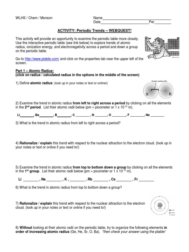Periodic Trends Worksheet Answer Key Activity Periodic Trends Properties Webquest 2017 Pdf