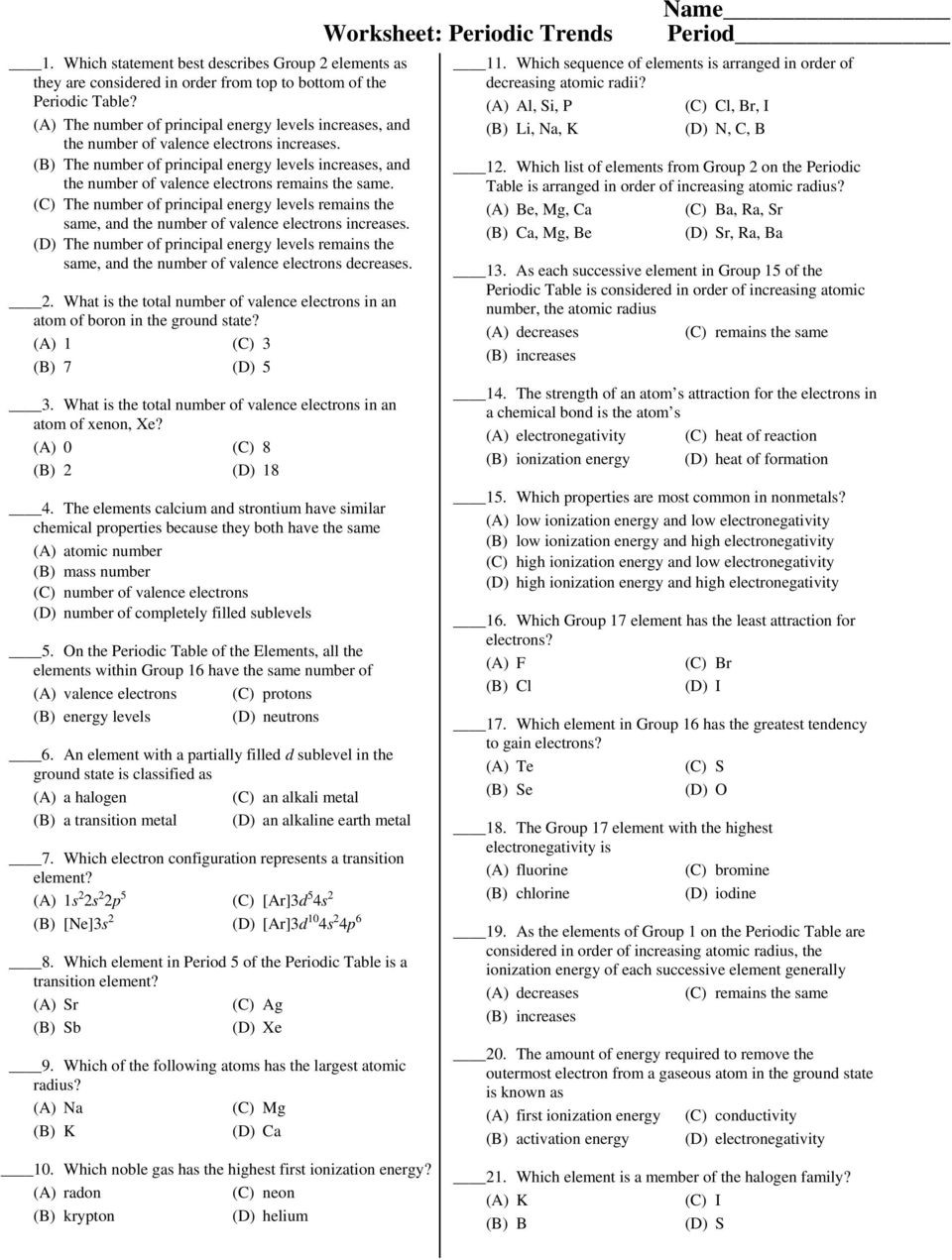 Periodic Trends Worksheet Answer Key Name Worksheet Periodic Trends 11 which Sequence Of