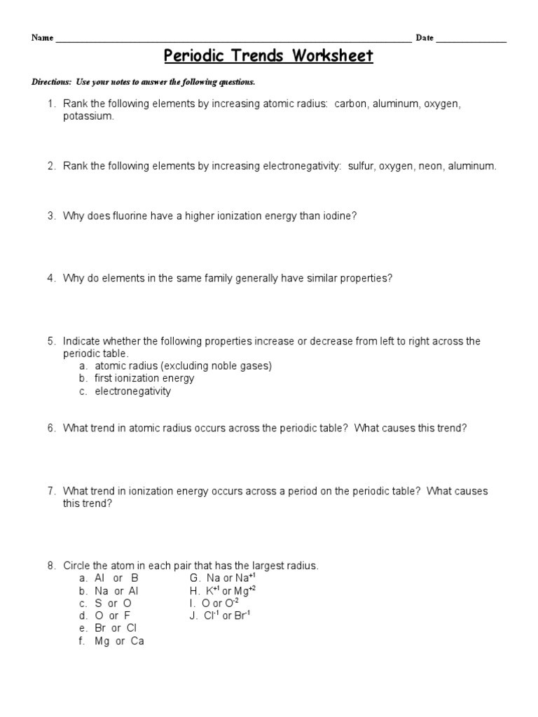 Periodic Trends Worksheet Answer Key Periodic Trends Worksheet Directions Use Your Notes to